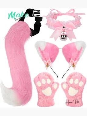 Cat Fox Ear Headband Set with Plush Tail and Bell Collar for Halloween Cosplay